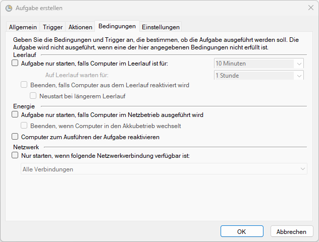 Dialog Aufgabe erstellen, Reiter Bedingungen mit deaktivierten Optionen in den Bereichen Leerlauf, Energie und Netzwerk
