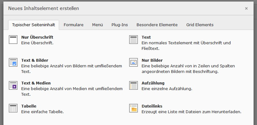 Auswahl-Dialog „Neues Inhaltselement erstellen” mit den Reitern Typischer Seiteninhalt, Formulare, Menü, Plug-Ins, Besondere Elemente und Grid Elements