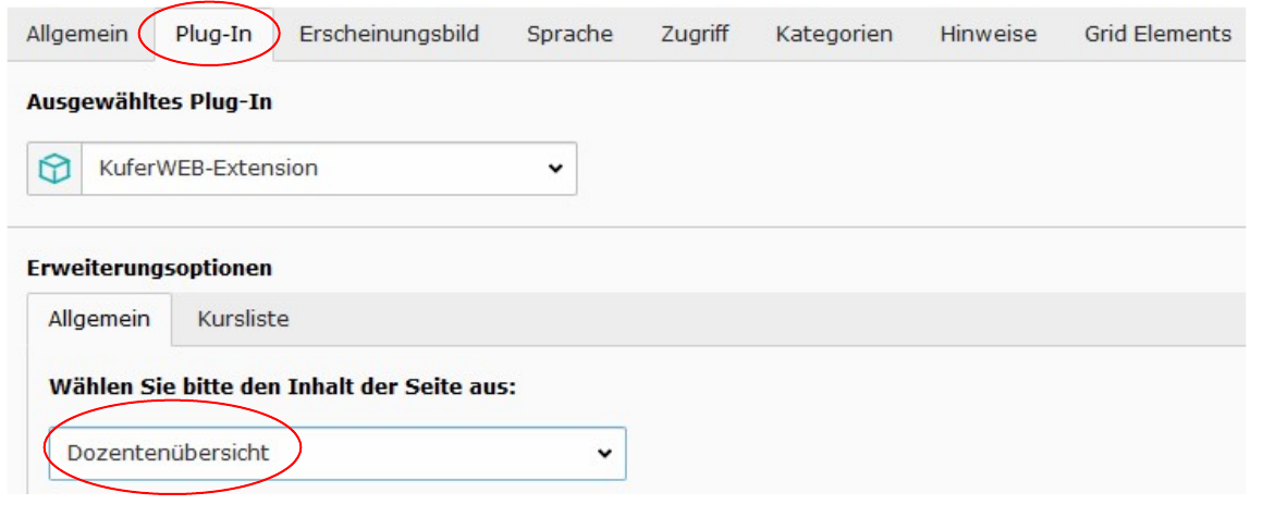 Reiter „Plug-In” mit Dropdown „Ausgewähltes Plug-In: KuferWEB-Extension” und Erweiterungsoptionen-Tab „Allgemein” mit Inhaltsauswahl „Dozentenübersicht”