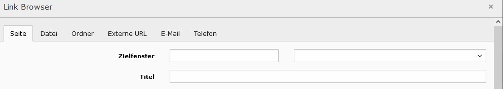Link-Browser-Dialog mit Reitern Seite, Datei, Ordner, Externe URL, E-Mail, Telefon sowie Feldern Zielfenster und Titel