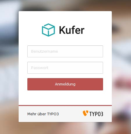 Anmeldebildschirm des TYPO3-Backends mit Eingabefeldern für Benutzername und Passwort sowie roter Anmeldung-Schaltfläche