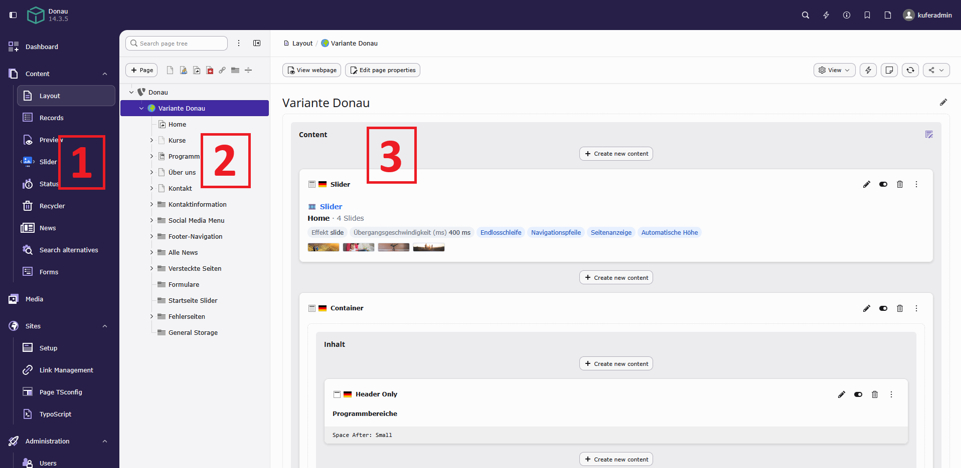 Backend-Übersicht von TYPO3 14.3.5 mit englischsprachiger Oberfläche und drei rot nummerierten Bereichen: Funktionsspalte links (1) mit den Gruppen Dashboard, Content, Media, Sites und Administration, Seitenbaum in der Mitte (2) mit der Seite „Variante Donau“ und ihren Unterseiten und Bearbeitungsbereich rechts (3) mit der Kopfzeile „Layout / Variante Donau“ und den Inhaltselementen der Seite