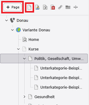 Ausschnitt oberhalb des Seitenbaums mit rot markierter Schaltfläche „+ Page“ und rot markiertem Symbol „Neue Seite“ (leeres Blatt), darunter der Seitenbaum „Variante Donau“ mit Home, Kurse und der Unterseite „Politik, Gesellschaft, Umwelt“