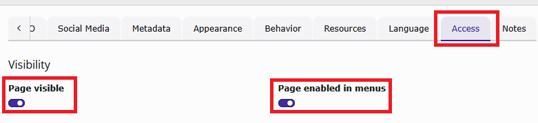 Reiterleiste der Seiteneigenschaften in englischsprachiger Oberfläche mit rot markiertem Reiter „Access“ und darunter im Bereich „Visibility“ den rot markierten Schaltern „Page visible“ und „Page enabled in menus“