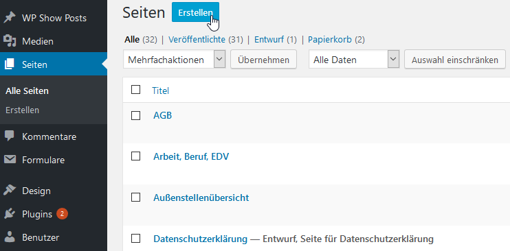 Seiten-Übersicht mit der Schaltfläche „Erstellen” oben, Statusfiltern Alle/Veröffentlichte/Entwurf/Papierkorb und Liste mit Beispiel-Seiten AGB, Arbeit Beruf EDV, Außenstellenübersicht, Datenschutzerklärung