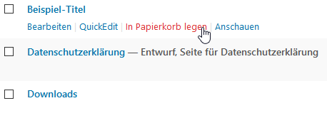 Seiten-Listeneintrag mit Hover-Aktionen Bearbeiten, QuickEdit, In Papierkorb legen (rot), Anschauen