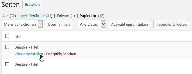 Papierkorb-Ansicht mit Seitenfilter „Papierkorb (2)” und Hover-Aktionen Wiederherstellen / Endgültig löschen (rot)