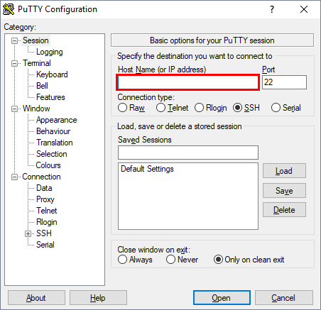 PuTTY-Konfigurationsfenster „PuTTY Configuration” — das leere Feld „Host Name (or IP address)” ist rot umrandet, daneben steht Port 22, darunter ist als „Connection type” die Option „SSH” ausgewählt