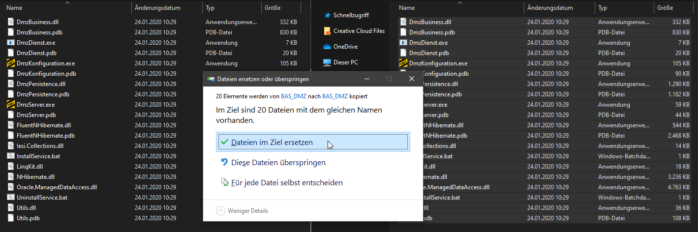 Zwei Datei-Explorer-Fenster mit DMZ-Anwendungs-Dateien (DmzBusiness.dll, DmzDienst.exe, DmzKonfiguration.exe, DmzPersistence.dll, DmzServer.exe, etc.) — Konflikt-Dialog „Dateien ersetzen oder überspringen” mit gewählter Option „Dateien im Ziel ersetzen”