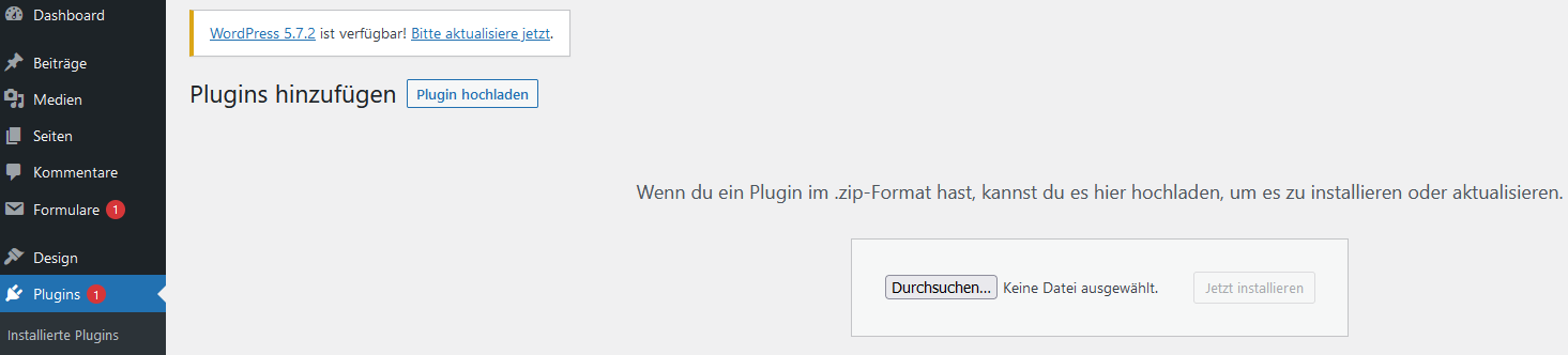 WordPress-Backend mit linker Menü-Leiste und hervorgehobenem Menüpunkt „Plugins”; rechts die Ansicht „Plugins hinzufügen” mit der Schaltfläche „Plugin hochladen” und dem Datei-Auswahl-Feld „Durchsuchen…” samt Schaltfläche „Jetzt installieren”