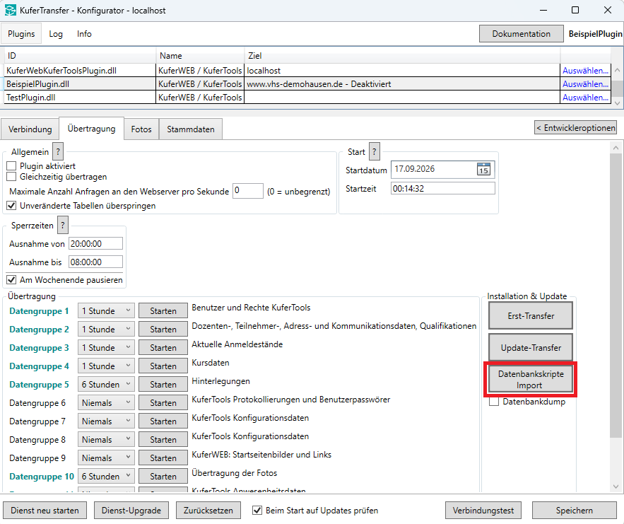 KuferTransfer Konfigurator, Reiter Übertragung mit den Bereichen Allgemein, Start, Sperrzeiten und der Liste der Datengruppen; rechts im Bereich Installation & Update die Schaltflächen Erst-Transfer, Update-Transfer und die rot umrahmte Schaltfläche Datenbankskripte Import, darunter das Kontrollkästchen Datenbankdump