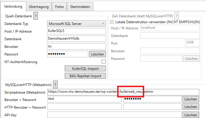 KuferTransfer Konfigurator, Reiter Verbindung mit den Bereichen Quell-Datenbank, Ziel-Datenbank (statt MySQLoverHTTP) und MySQLoverHTTP (Webadmin); im Feld Skriptadresse (Webadmin) ist der Pfadteil kuferweb_neu rot umrahmt