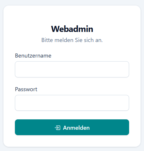 Anmelde-Maske „Webadmin – Bitte melden Sie sich an.” mit den Eingabefeldern „Benutzername” und „Passwort” sowie der Schaltfläche „Anmelden”
