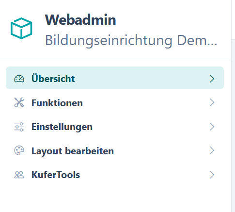 Menü am linken Rand des Webadmin mit den Bereichen „Übersicht”, „Funktionen”, „Einstellungen”, „Layout bearbeiten” und „KuferTools”