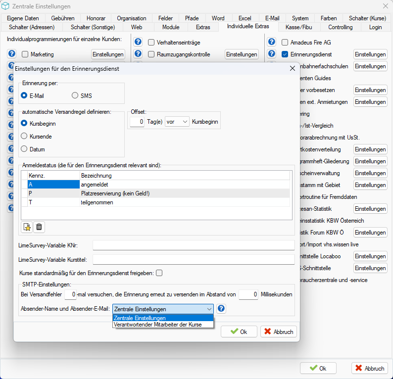 Dialog „Einstellungen für den Erinnerungsdienst“ mit Versandkanal E-Mail/SMS, Versandregel (Kursbeginn/Kursende/Datum mit Offset), Anmeldestatus-Auswahl und SMTP-Einstellungen