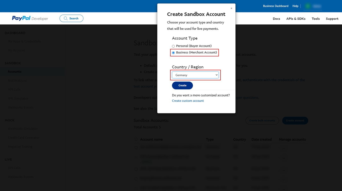Dialog Create Sandbox Account mit rot markierter Auswahl Business (Merchant Account) und Country / Region Germany