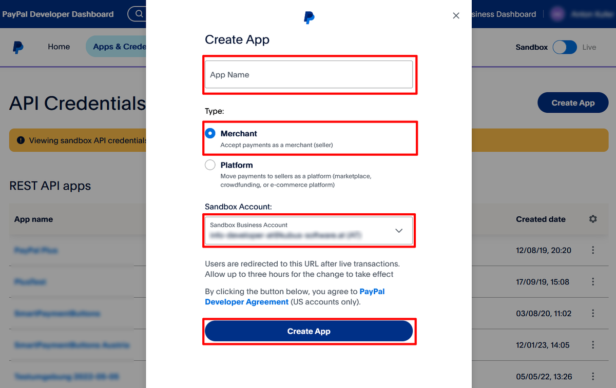 Dialog Create App mit rot markierten Feldern App Name, Typ Merchant, Sandbox Business Account und Schaltfläche Create App