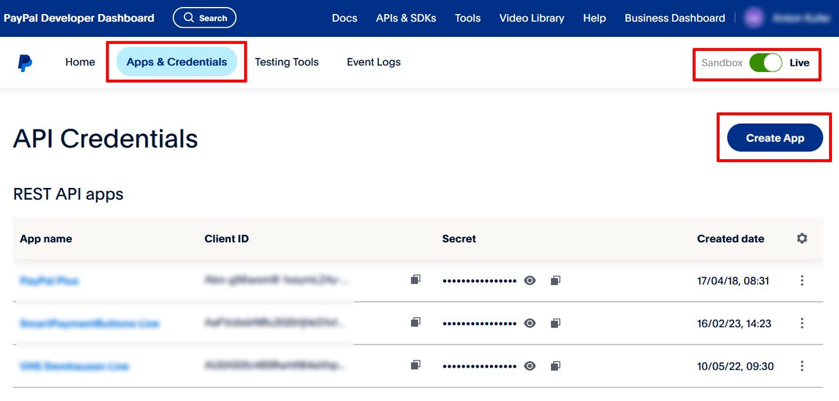 Ansicht API Credentials im Live-Modus mit rot markiertem Menüpunkt Apps and Credentials, auf Live gestelltem Schalter und Schaltfläche Create App