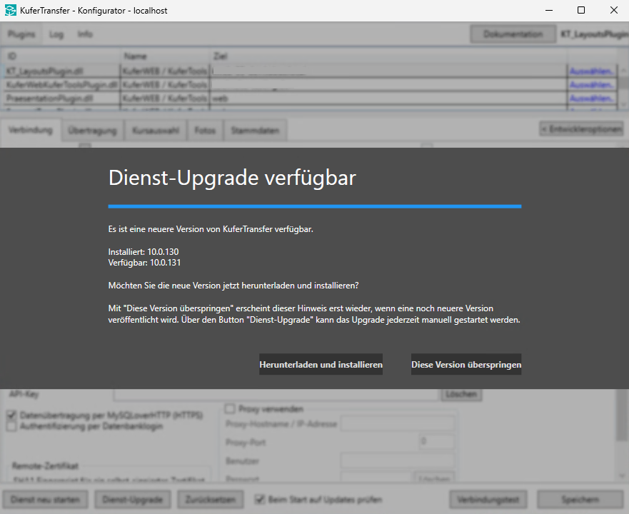 Dialog Dienst-Upgrade verfügbar über dem KuferTransfer Konfigurator mit installierter Version 10.0.130, verfügbarer Version 10.0.131, der Frage nach dem Herunterladen und Installieren sowie den Schaltflächen Herunterladen und installieren und Diese Version überspringen