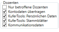Bereich Dozenten im Reiter Stammdaten mit den Kontrollkästchen Nur betroffene Dozenten, Kontodaten übertragen, KuferTools: Persönliche Daten, KuferTools: Stammblätter und Kommunikationsdaten