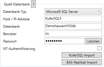 Bereich Quell-Datenbank im Reiter Verbindung mit den Feldern Datenbank-Typ (Microsoft SQL Server), Host / IP-Adresse, Datenbank, Benutzer, Passwort mit der Schaltfläche Löschen, dem Kontrollkästchen NT-Authentifizierung und den Schaltflächen KuferSQL-Import und BAS-Replikat Import