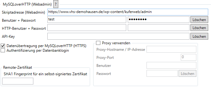 Bereich MySQLoverHTTP (Webadmin) im Reiter Verbindung mit Skriptadresse (Webadmin), Benutzer + Passwort, HTTP-Benutzer + Passwort und API-Key, jeweils mit der Schaltfläche Löschen, den Kontrollkästchen Datenübertragung per MySQLoverHTTP (HTTPS) und Authentifizierung per Datenbanklogin, dem Bereich Remote-Zertifikat mit SHA1 Fingerprint für ein selbst-signiertes Zertifikat sowie dem Bereich Proxy verwenden mit Proxy-Hostname / IP-Adresse, Proxy-Port, Benutzer und Passwort