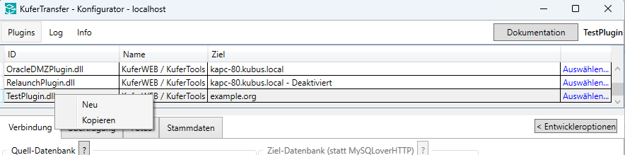 Plugin-Tabelle im KuferTransfer Konfigurator mit den Plugins OracleDMZPlugin.dll, RelaunchPlugin.dll und TestPlugin.dll; auf TestPlugin.dll ist das Kontextmenü mit den Einträgen Neu und Kopieren geöffnet