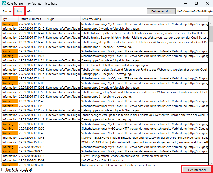 Ansicht Log im KuferTransfer Konfigurator mit den Spalten Typ, Datum u. Uhrzeit, Plugin und Fehlermeldung; Einträge vom Typ Information und orange hinterlegte Einträge vom Typ Warning; unten links das Kontrollkästchen Nur Fehler anzeigen, unten rechts die rot umrandete Schaltfläche Herunterladen; der Menüpunkt Log oben ist rot umrandet